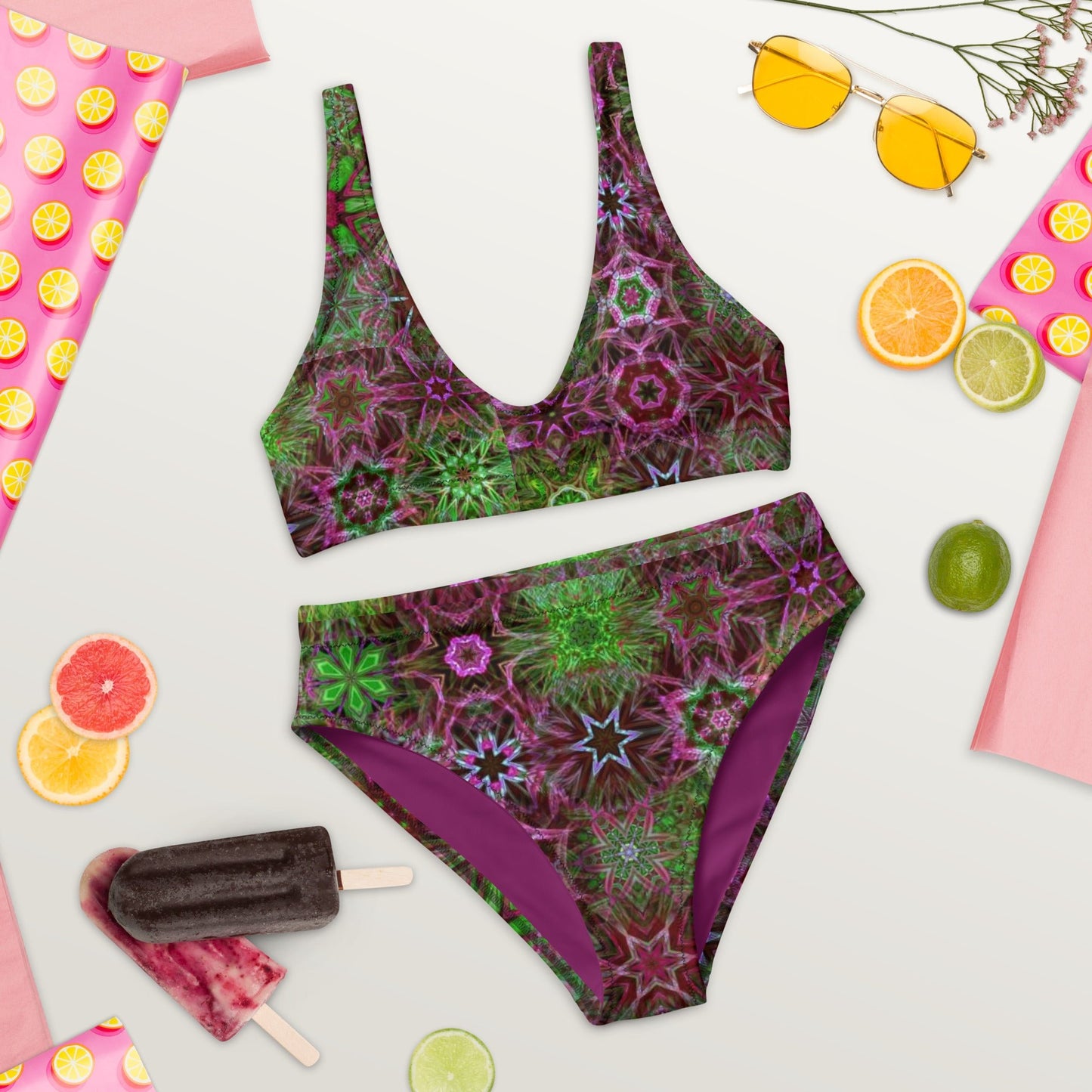 Recycled high - waisted bikini, Two Piece Swimsuit for Women Vacation Beachwear Cruise Swimsuit Bikini, Gift Green Pink Bathing Suit - PratSN