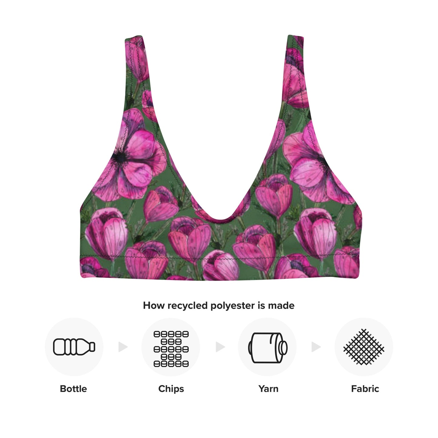 Recycled padded bikini top, Pink Green Floral Bikini, Cute Summer Bikini - PratSN