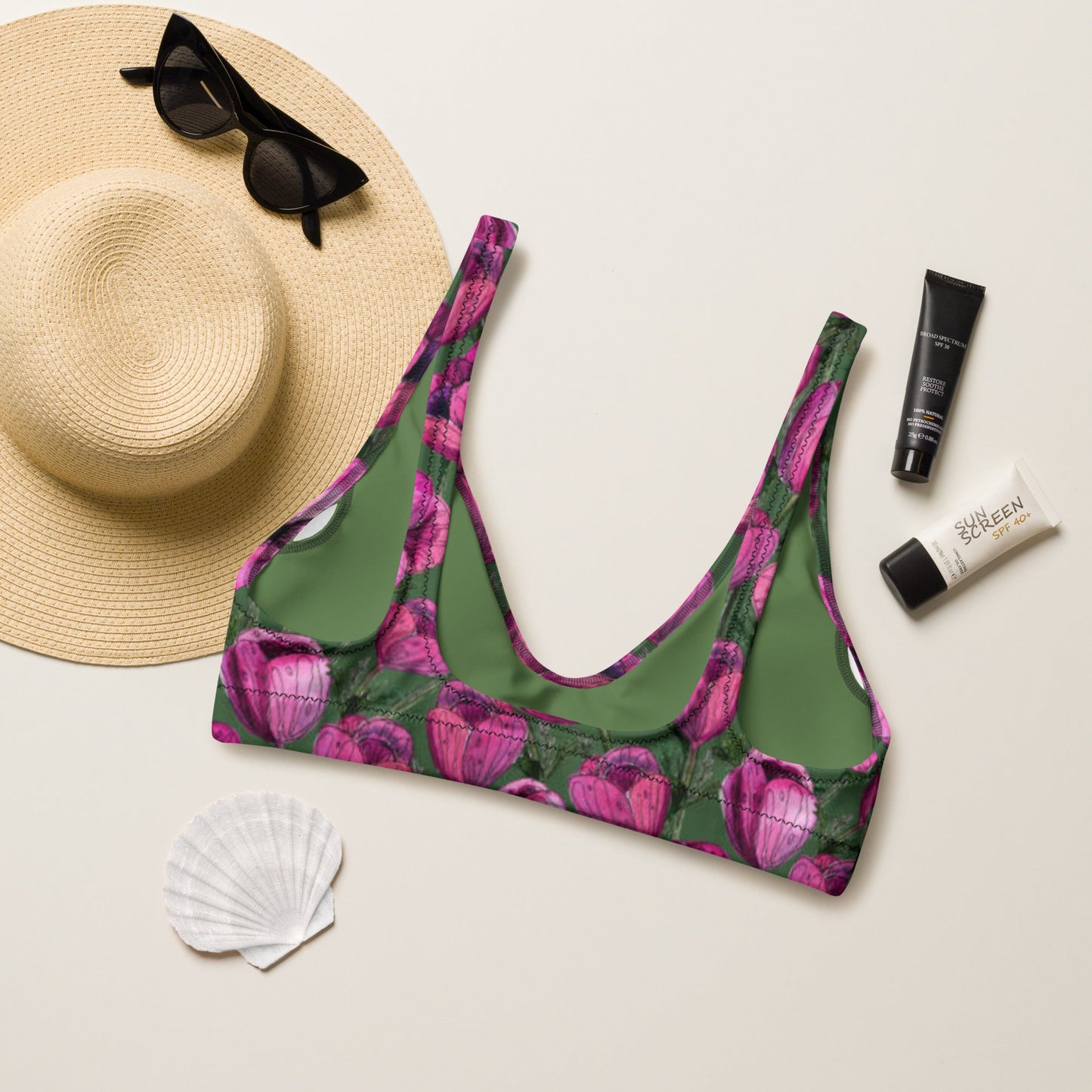Recycled padded bikini top, Pink Green Floral Bikini, Cute Summer Bikini - PratSN