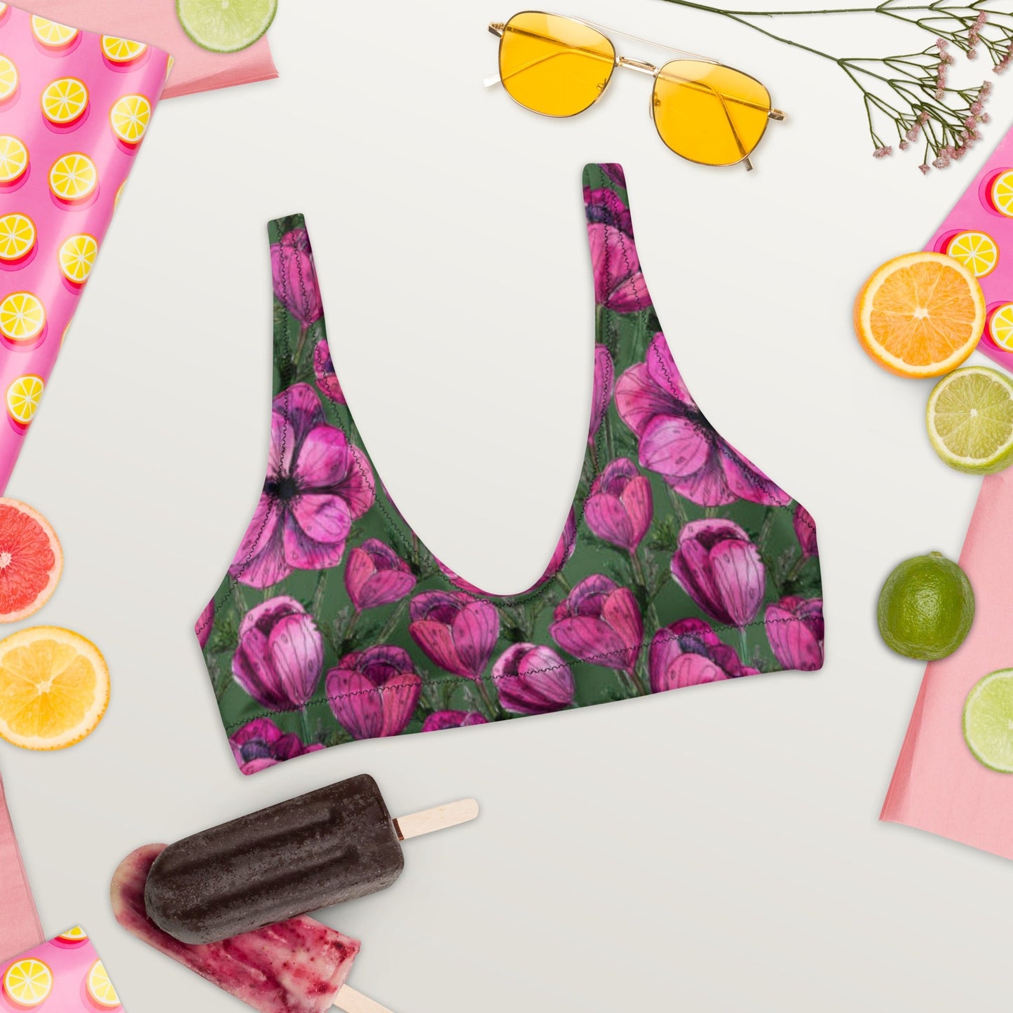 Recycled padded bikini top, Pink Green Floral Bikini, Cute Summer Bikini - PratSN
