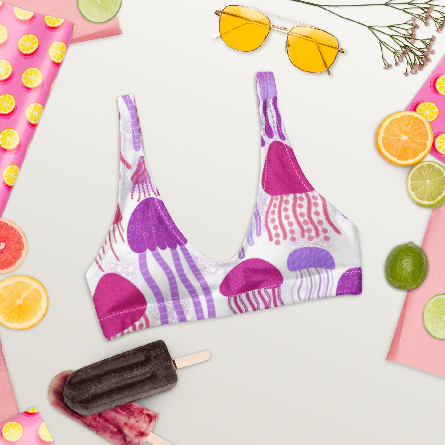 Recycled padded bikini top, Pink Purple White outfit, Jelly fish Pattern, Cute Summer Bikini - PratSN