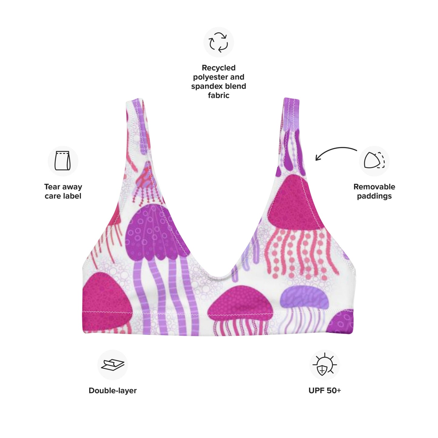 Recycled padded bikini top, Pink Purple White outfit, Jelly fish Pattern, Cute Summer Bikini - PratSN