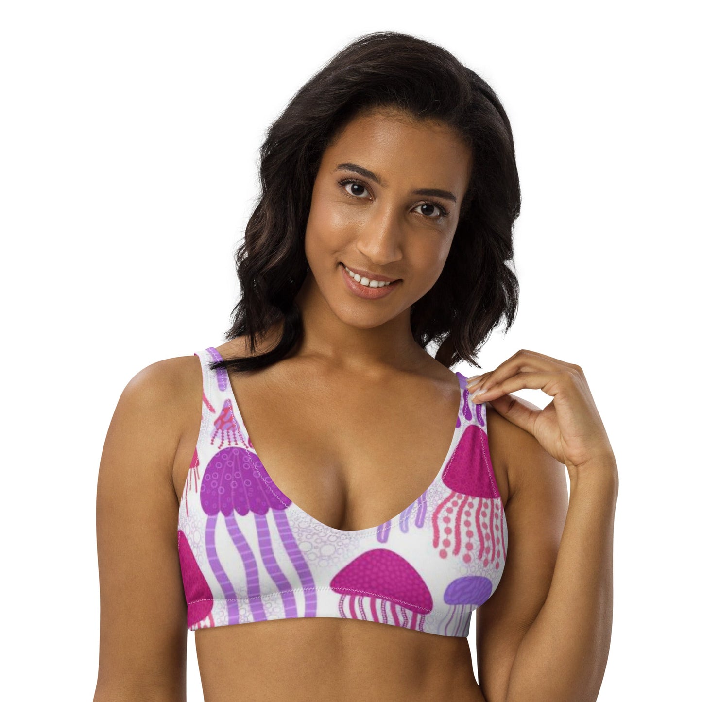 Recycled padded bikini top, Pink Purple White outfit, Jelly fish Pattern, Cute Summer Bikini - PratSN