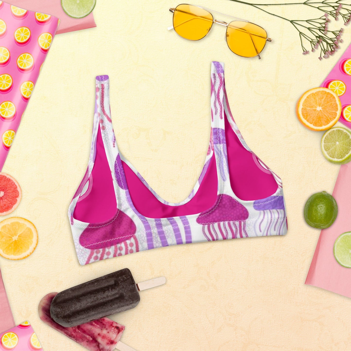 Recycled padded bikini top, Pink Purple White outfit, Jelly fish Pattern, Cute Summer Bikini - PratSN