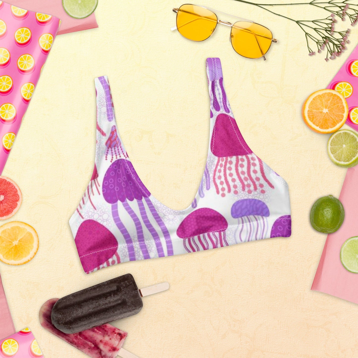 Recycled padded bikini top, Pink Purple White outfit, Jelly fish Pattern, Cute Summer Bikini - PratSN