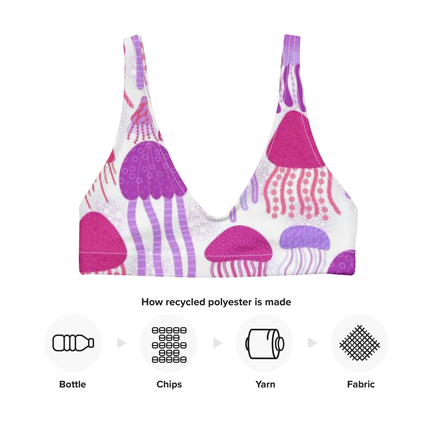 Recycled padded bikini top, Pink Purple White outfit, Jelly fish Pattern, Cute Summer Bikini - PratSN