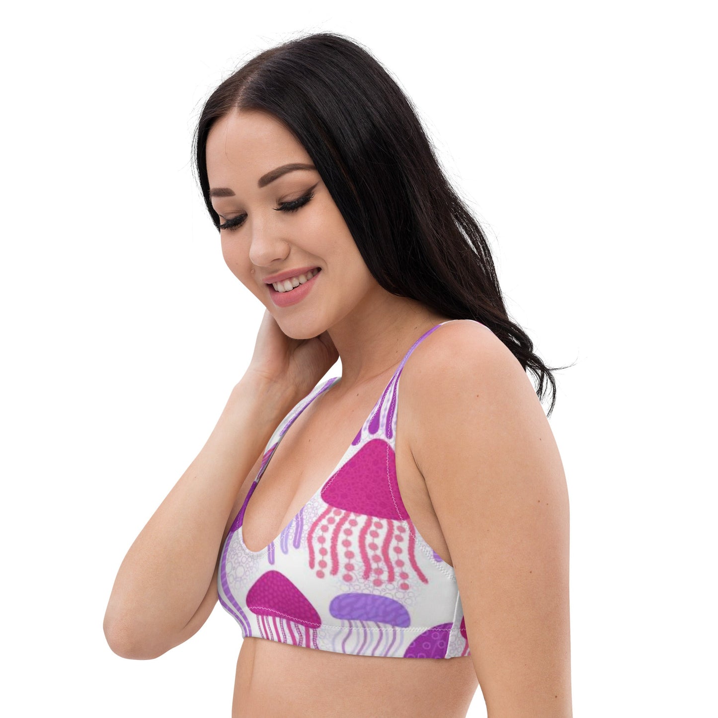 Recycled padded bikini top, Pink Purple White outfit, Jelly fish Pattern, Cute Summer Bikini - PratSN