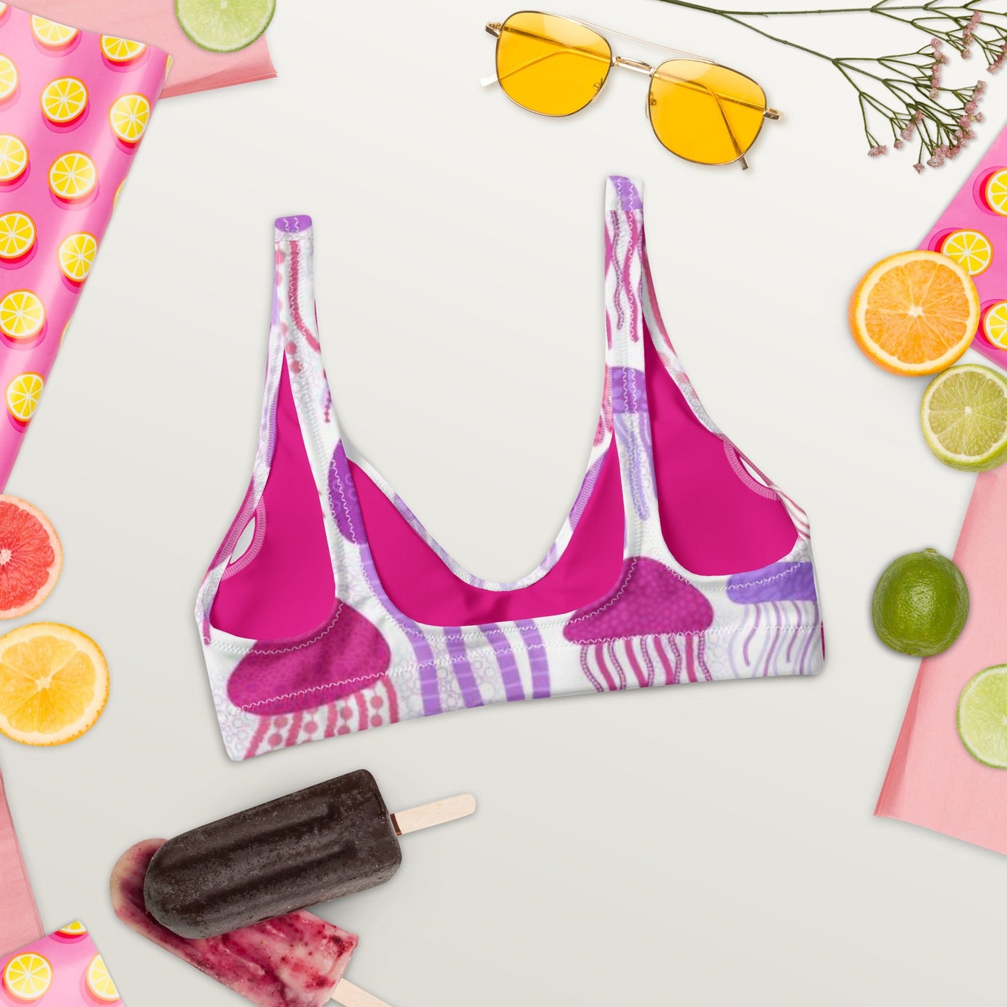 Recycled padded bikini top, Pink Purple White outfit, Jelly fish Pattern, Cute Summer Bikini - PratSN