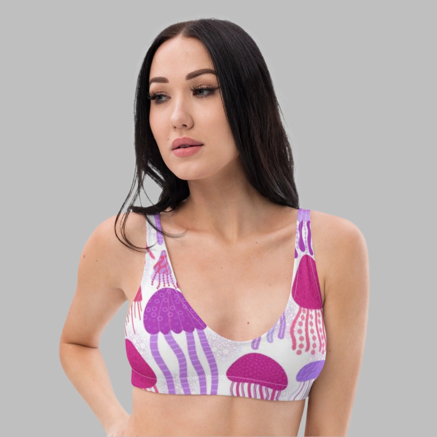Recycled padded bikini top, Pink Purple White outfit, Jelly fish Pattern, Cute Summer Bikini - PratSN