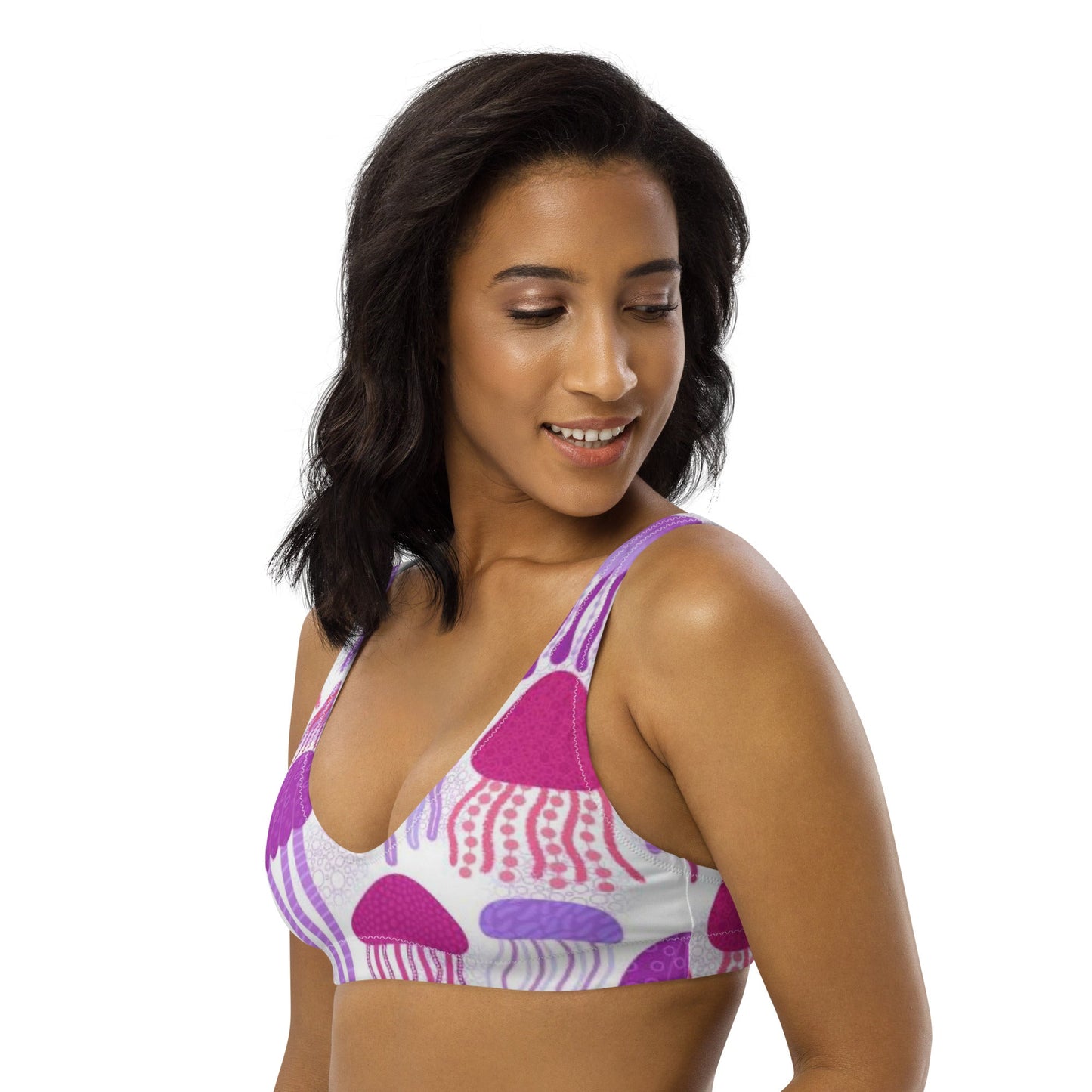 Recycled padded bikini top, Pink Purple White outfit, Jelly fish Pattern, Cute Summer Bikini - PratSN