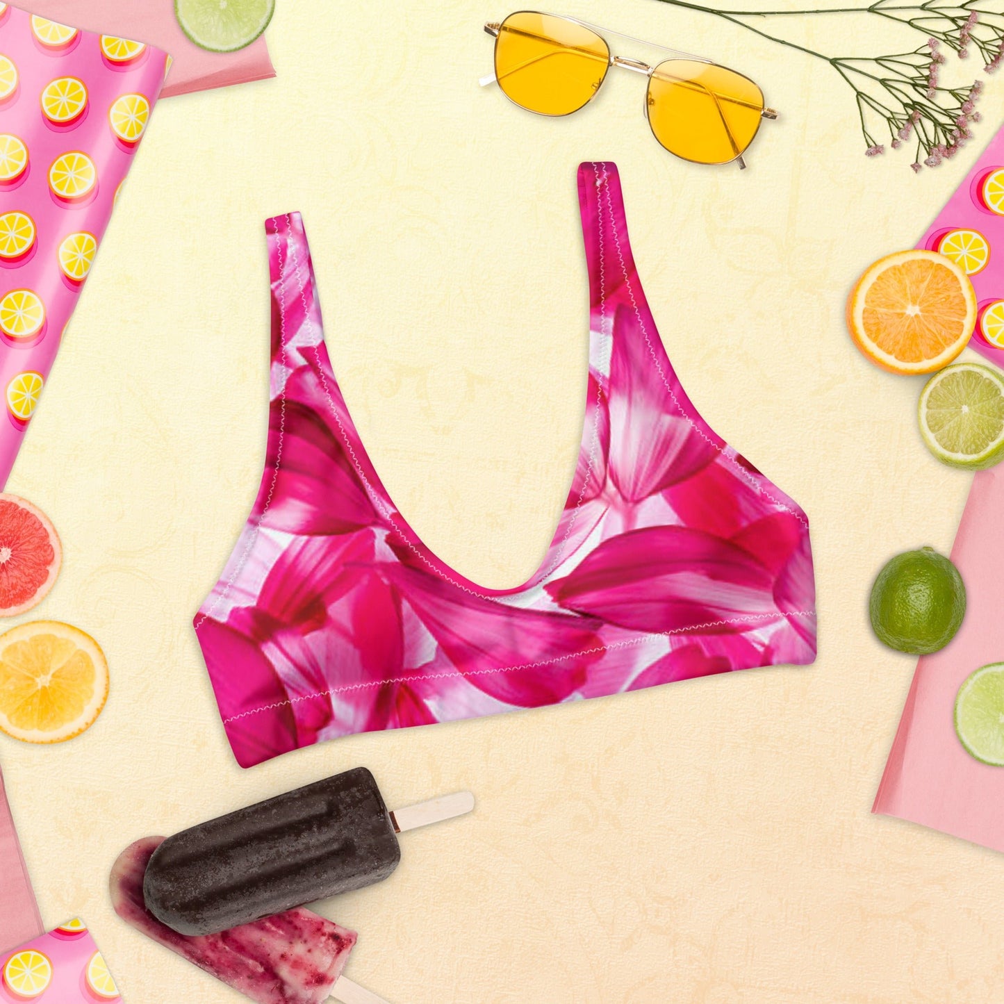 Recycled padded bikini top, Pink White Floral Outfit Cute Summer Bikini - PratSN