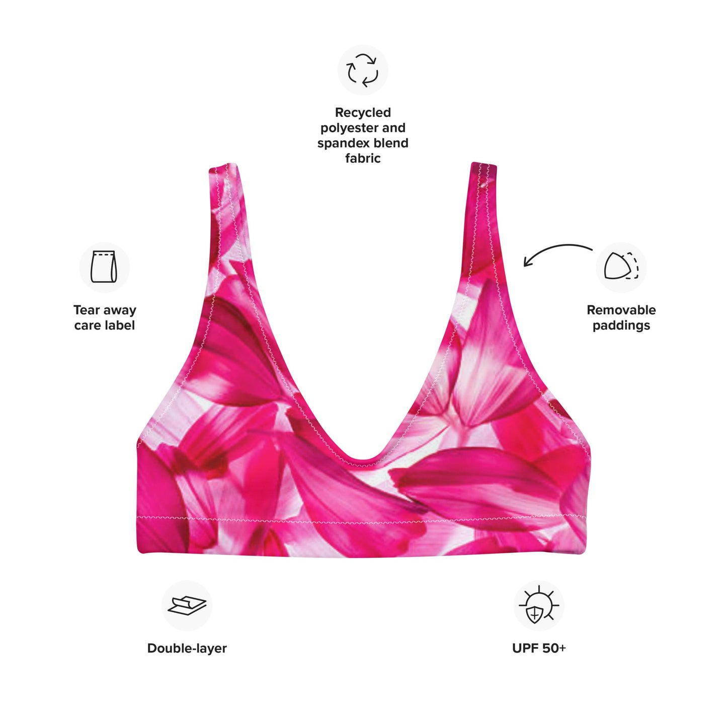 Recycled padded bikini top, Pink White Floral Outfit Cute Summer Bikini - PratSN