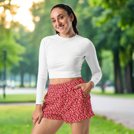 Red and white all - over print women's athletic shorts - PratSN