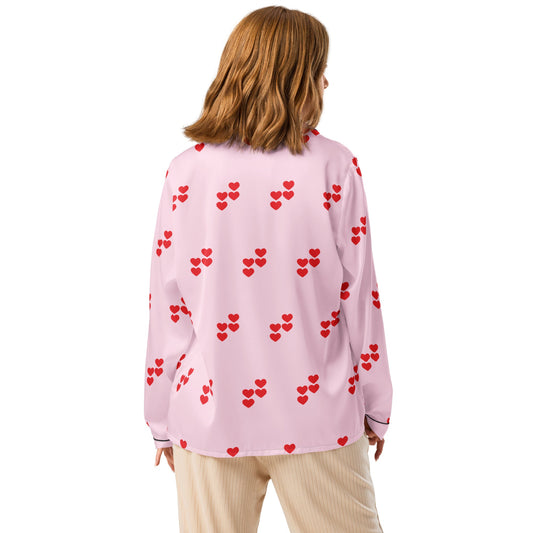 Red heart pattern pink all - over print women’s long sleeve pajama top - PratSN