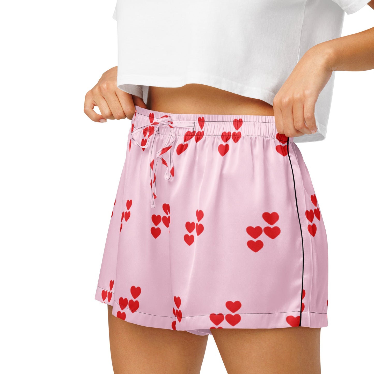 Red heart pattern pink all - over print women’s pajama shorts - PratSN