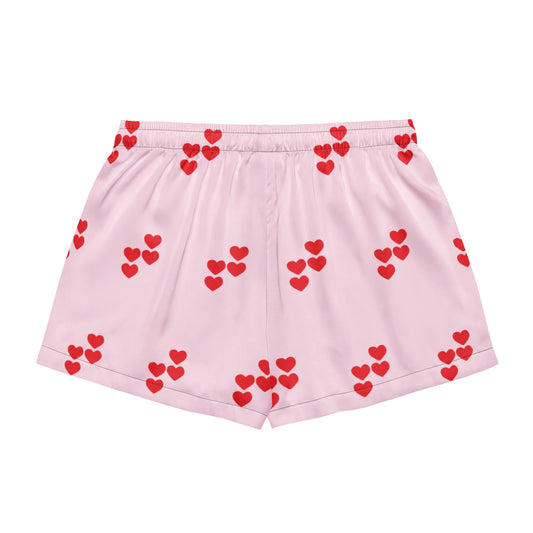 Red heart pattern pink all - over print women’s pajama shorts - PratSN