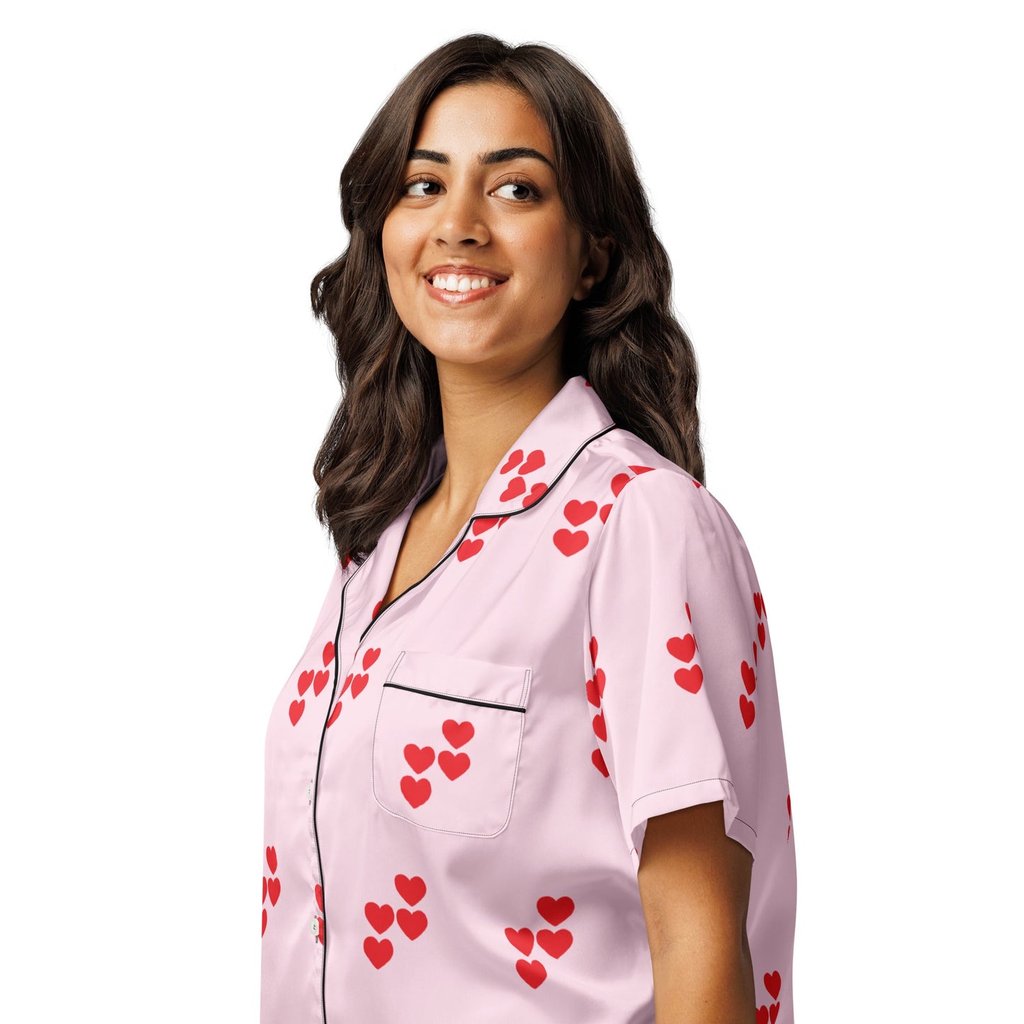 Red heart pattern pink all - over print women’s short sleeve pajama top - PratSN