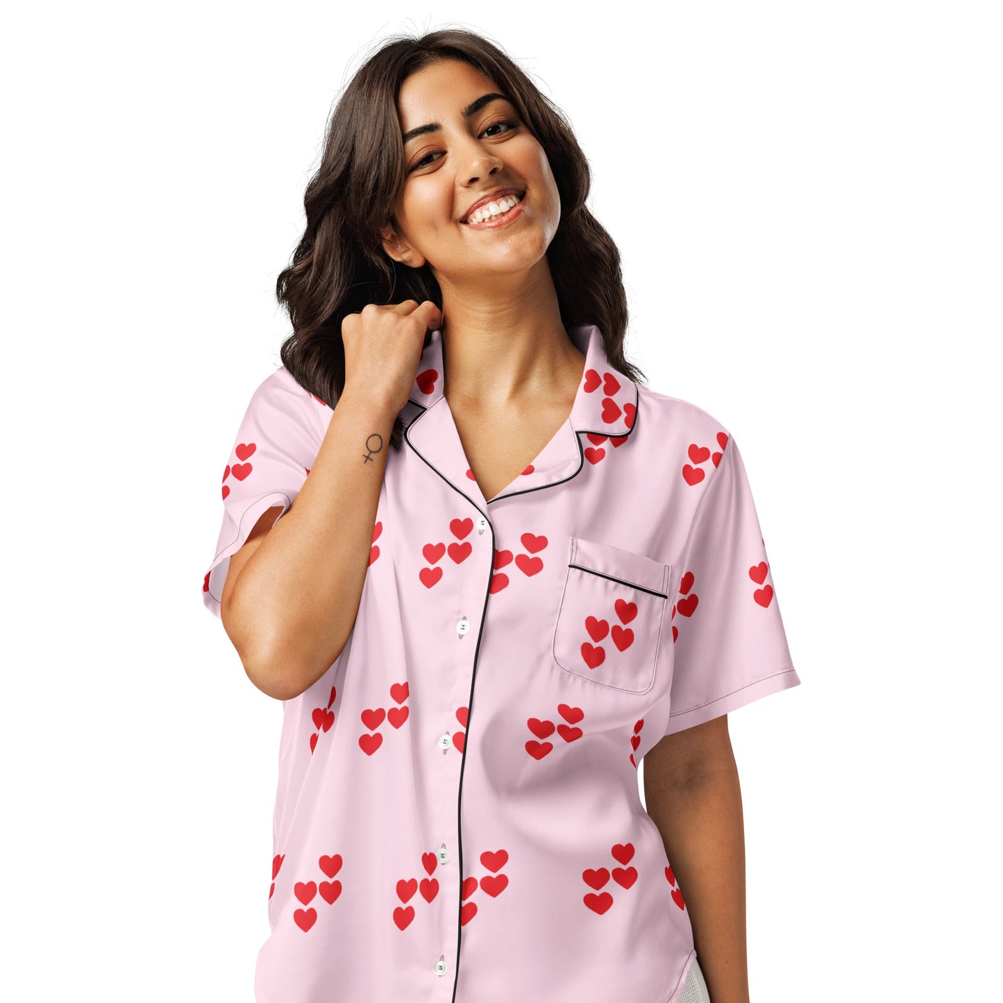 Red heart pattern pink all - over print women’s short sleeve pajama top - PratSN