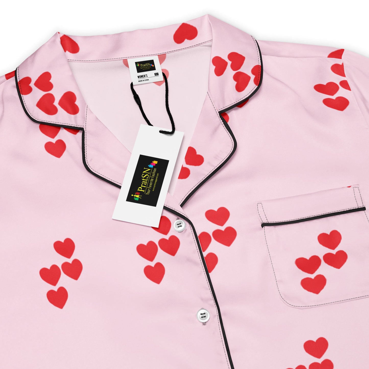 Red heart pattern pink all - over print women’s short sleeve pajama top - PratSN