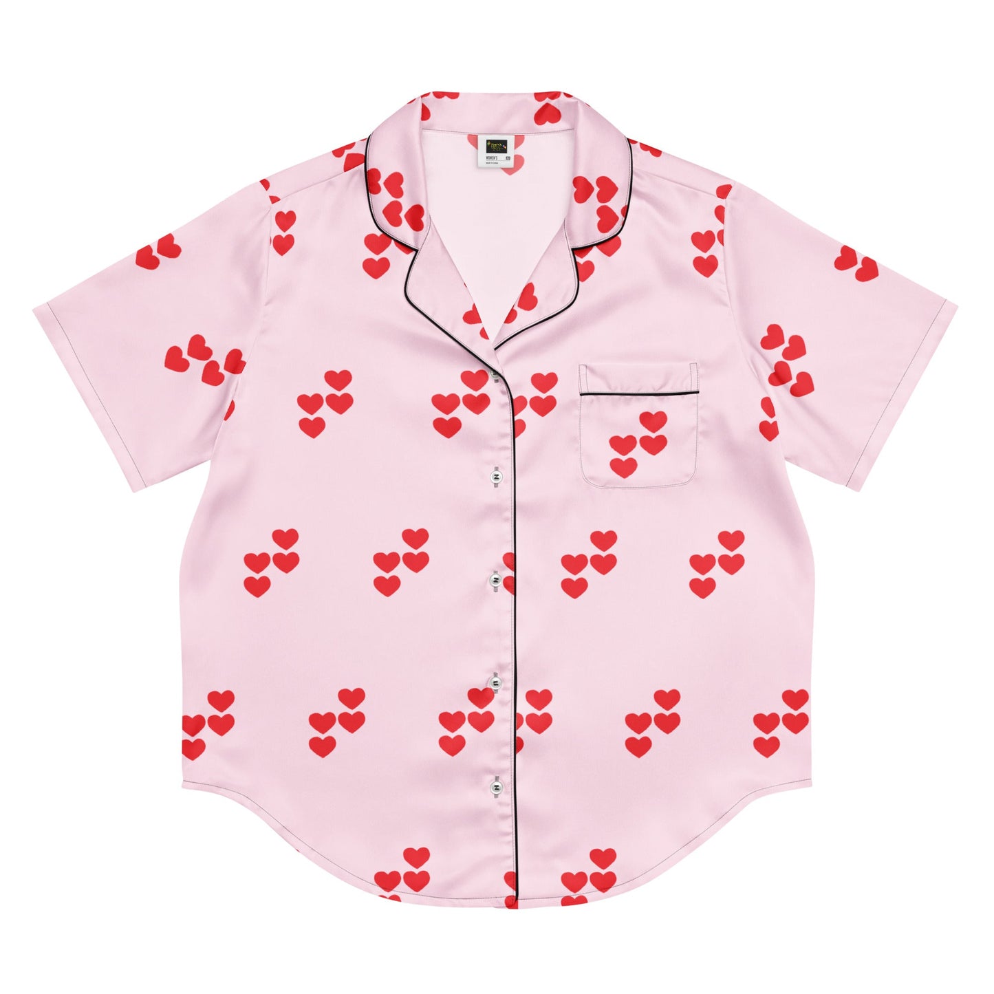 Red heart pattern pink all - over print women’s short sleeve pajama top - PratSN