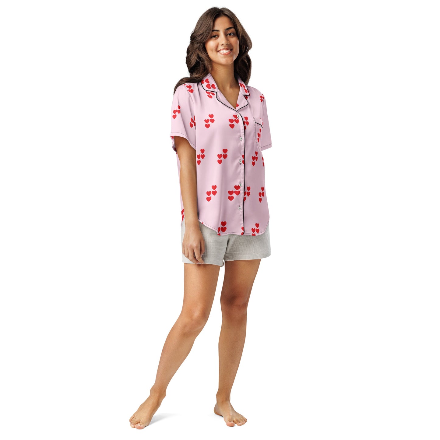 Red heart pattern pink all - over print women’s short sleeve pajama top - PratSN