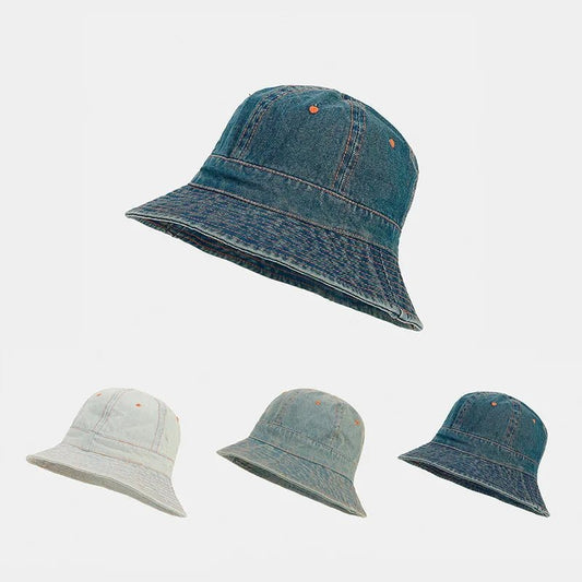 Retro Denim Patchwork round Top Fisherman Hat Outdoor Fashionable Simple Bucket Hat Sunshade Cap for Autumn Trendy - PratSN