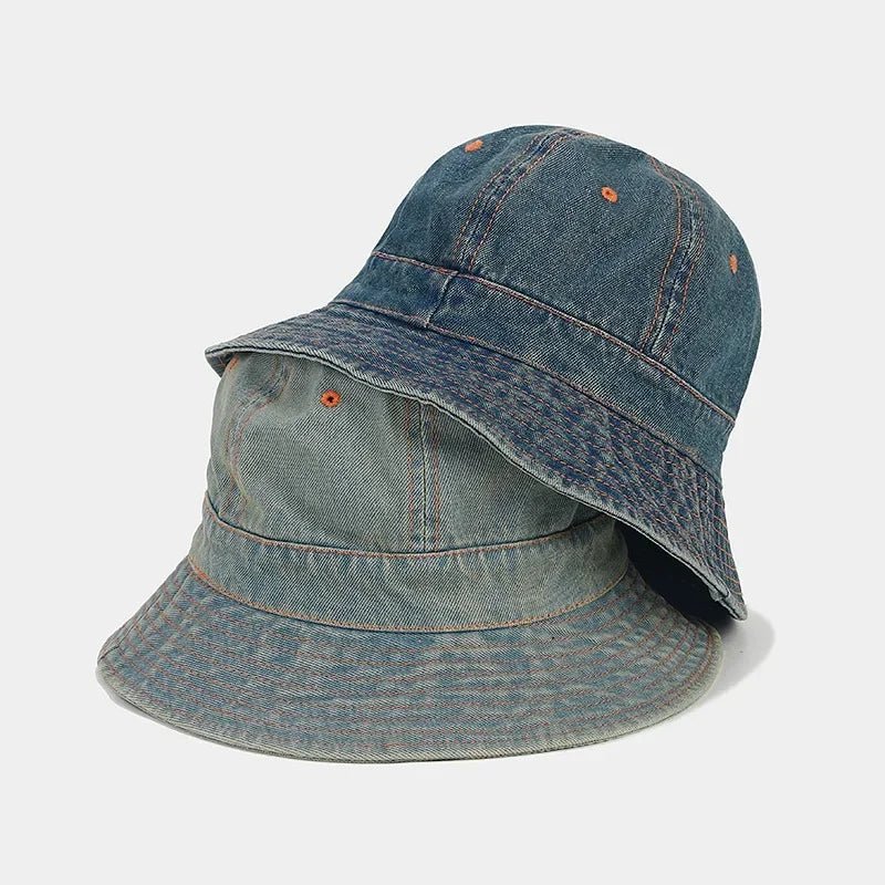 Retro Denim Patchwork round Top Fisherman Hat Outdoor Fashionable Simple Bucket Hat Sunshade Cap for Autumn Trendy - PratSN