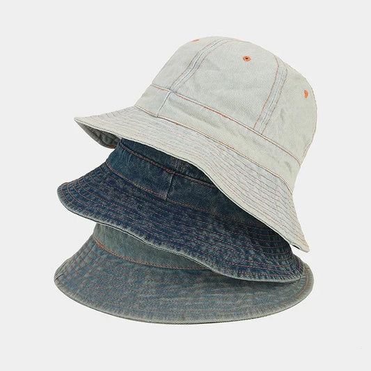 Retro Denim Patchwork round Top Fisherman Hat Outdoor Fashionable Simple Bucket Hat Sunshade Cap for Autumn Trendy - PratSN