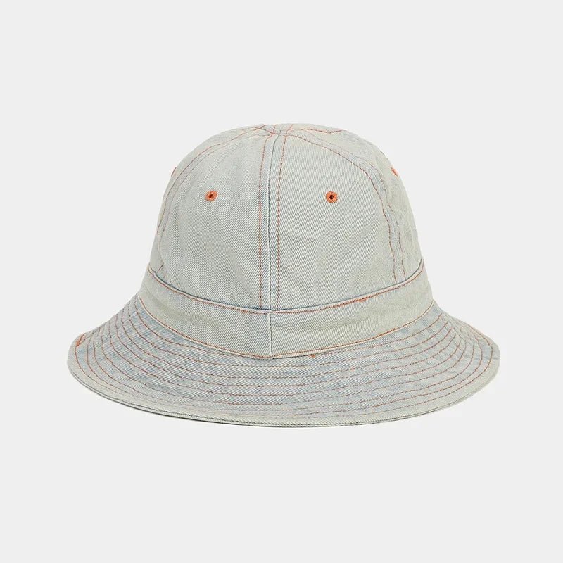Retro Denim Patchwork round Top Fisherman Hat Outdoor Fashionable Simple Bucket Hat Sunshade Cap for Autumn Trendy - PratSN
