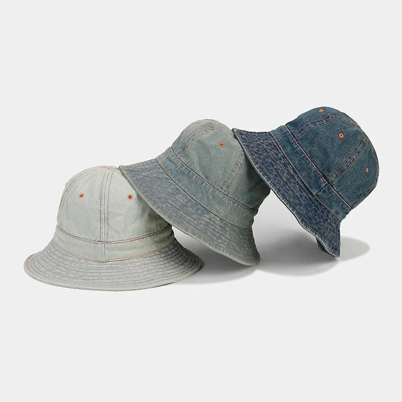 Retro Denim Patchwork round Top Fisherman Hat Outdoor Fashionable Simple Bucket Hat Sunshade Cap for Autumn Trendy - PratSN