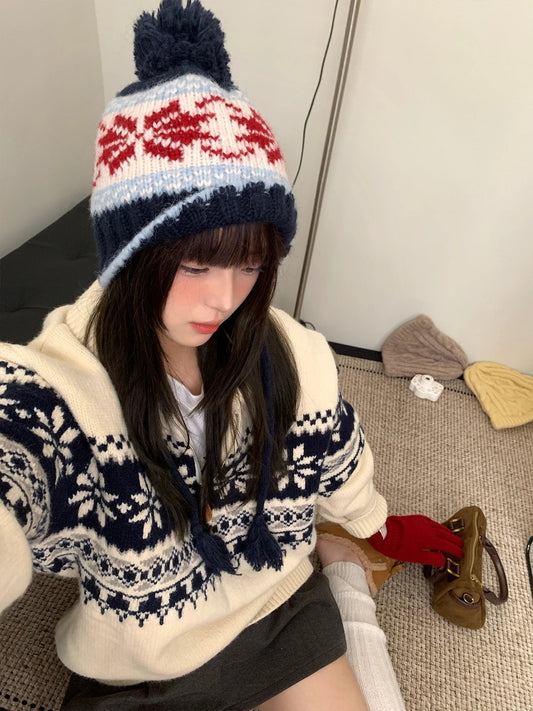 Retro Jacquard Warm Knitted Hat For Women Autumn And Winter Casual Versatile Cold - Proof Ear - Covering Beanie - PratSN