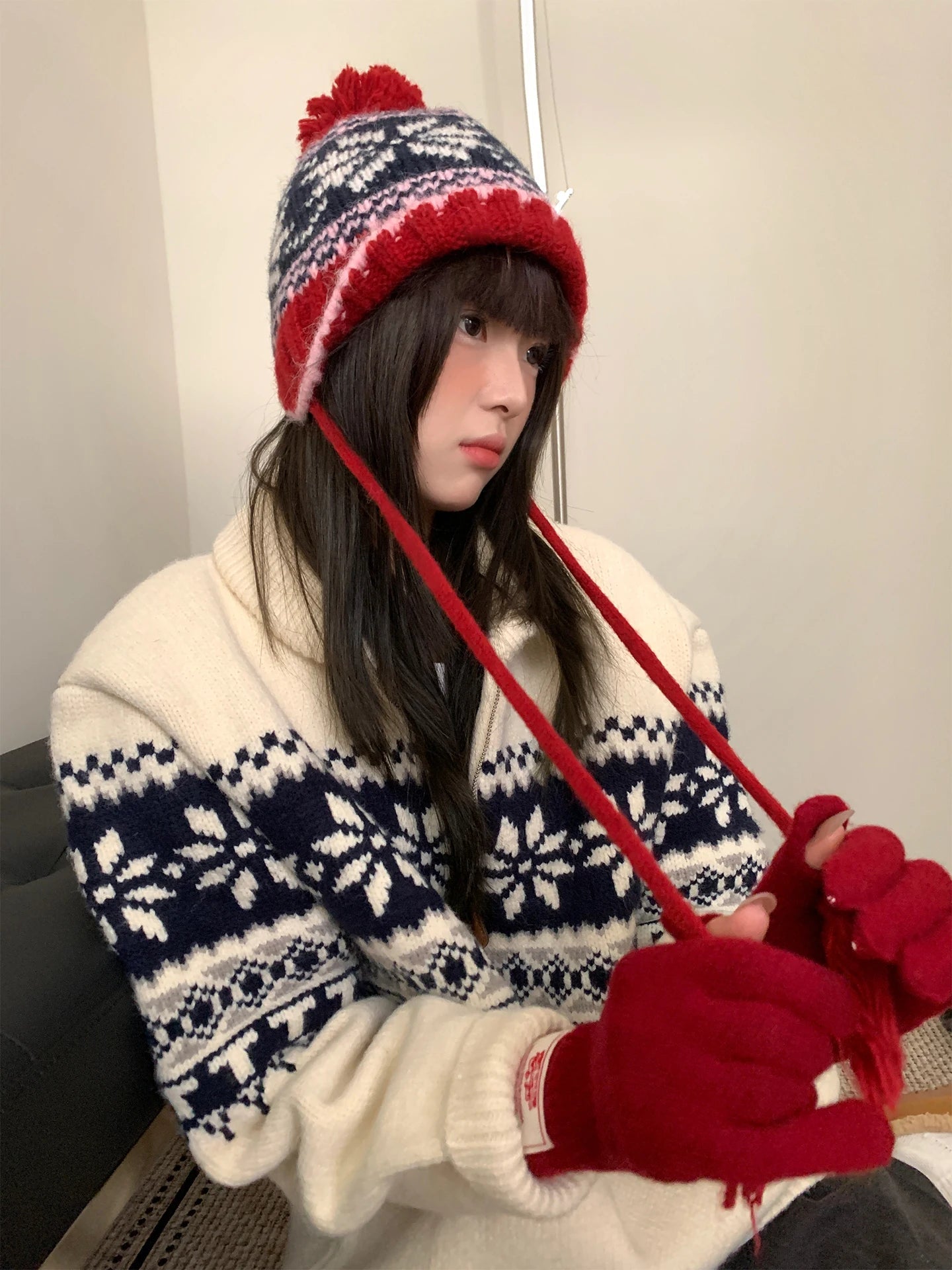 Retro Jacquard Warm Knitted Hat For Women Autumn And Winter Casual Versatile Cold - Proof Ear - Covering Beanie - PratSN