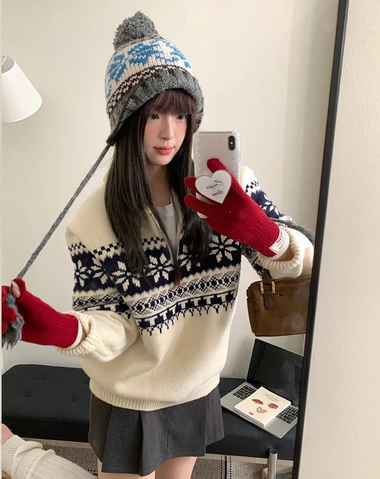 Retro Jacquard Warm Knitted Hat For Women Autumn And Winter Casual Versatile Cold - Proof Ear - Covering Beanie - PratSN