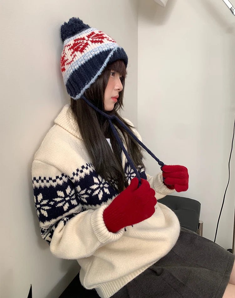 Retro Jacquard Warm Knitted Hat For Women Autumn And Winter Casual Versatile Cold - Proof Ear - Covering Beanie - PratSN