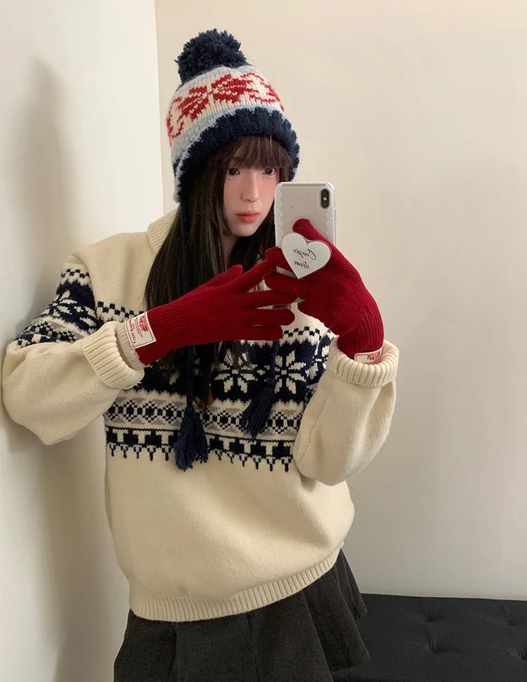 Retro Jacquard Warm Knitted Hat For Women Autumn And Winter Casual Versatile Cold - Proof Ear - Covering Beanie - PratSN