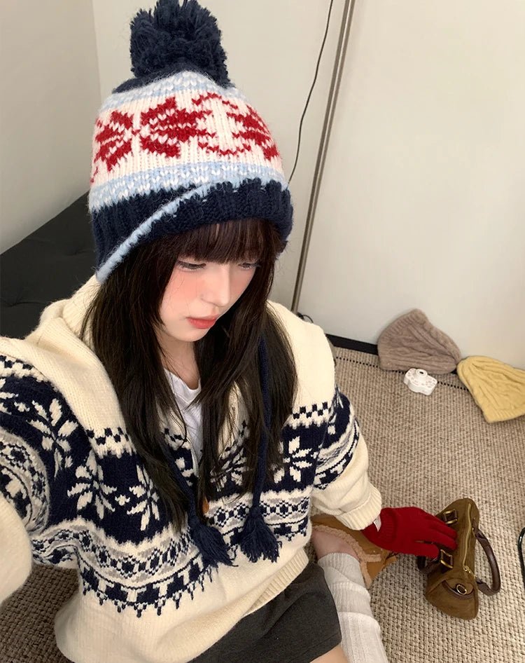 Retro Jacquard Warm Knitted Hat For Women Autumn And Winter Casual Versatile Cold - Proof Ear - Covering Beanie - PratSN