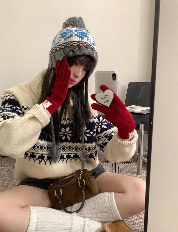 Retro Jacquard Warm Knitted Hat For Women Autumn And Winter Casual Versatile Cold - Proof Ear - Covering Beanie - PratSN