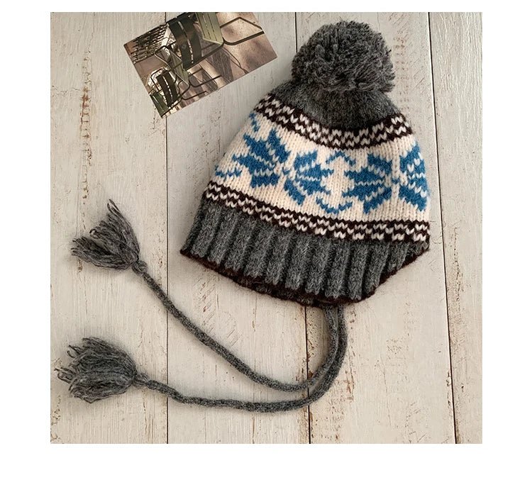 Retro Jacquard Warm Knitted Hat For Women Autumn And Winter Casual Versatile Cold - Proof Ear - Covering Beanie - PratSN