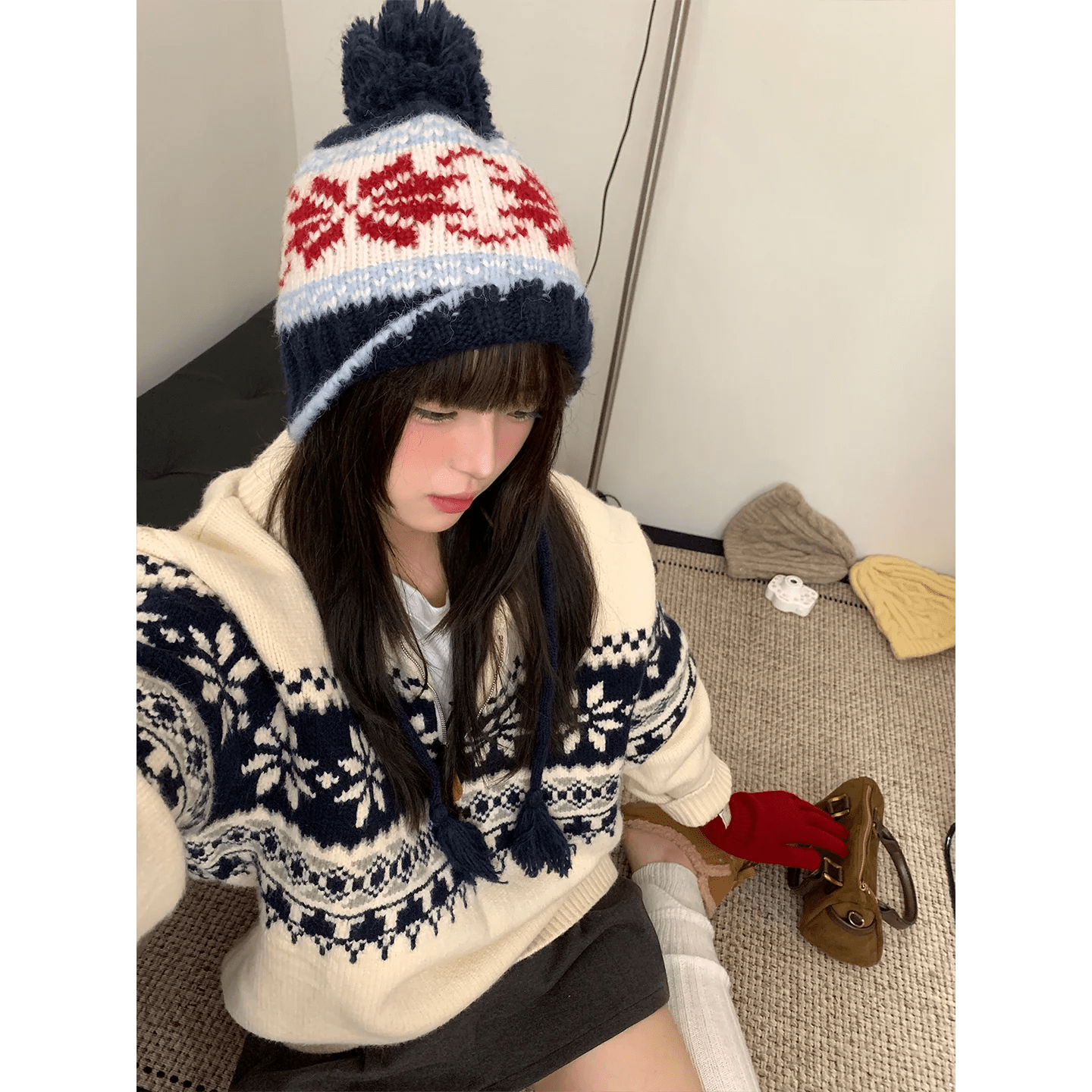 Retro Jacquard Warm Knitted Hat For Women Autumn And Winter Casual Versatile Cold - Proof Ear - Covering Beanie - PratSN
