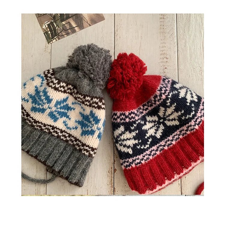 Retro Jacquard Warm Knitted Hat For Women Autumn And Winter Casual Versatile Cold - Proof Ear - Covering Beanie - PratSN