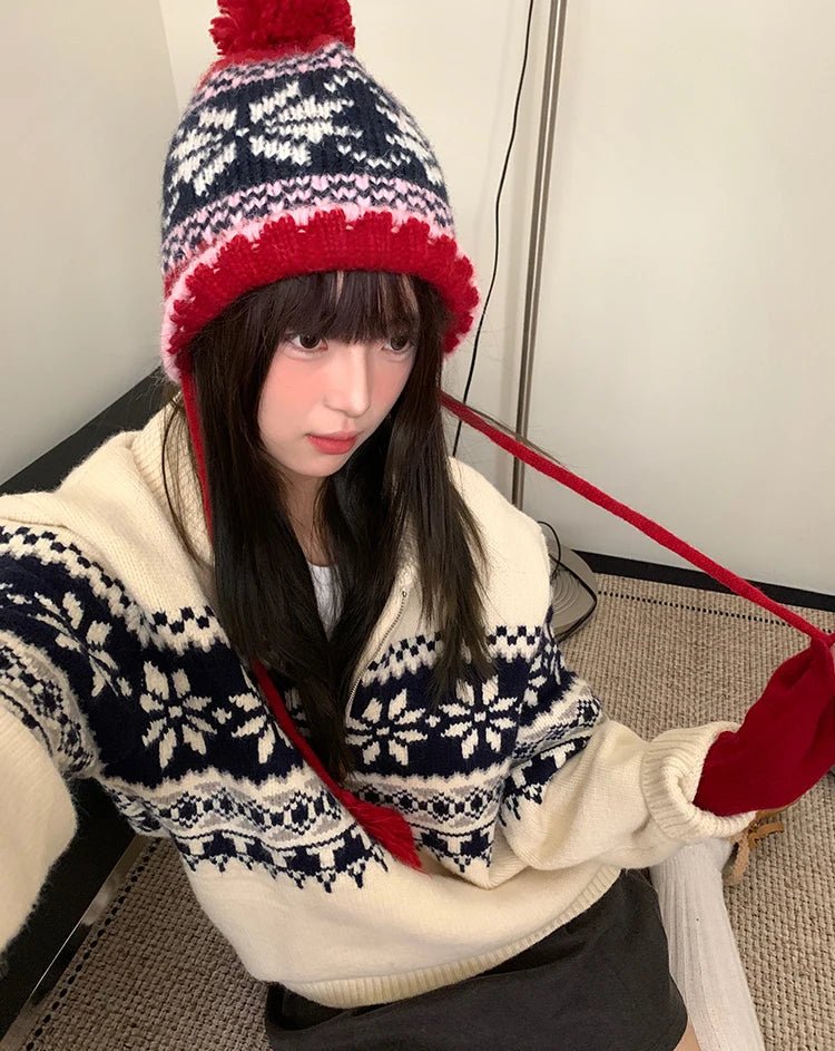 Retro Jacquard Warm Knitted Hat For Women Autumn And Winter Casual Versatile Cold - Proof Ear - Covering Beanie - PratSN