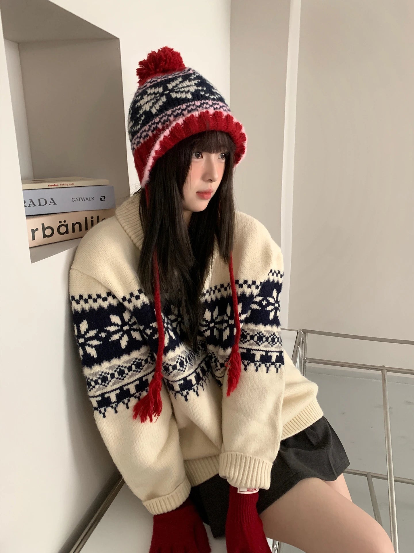 Retro Jacquard Warm Knitted Hat For Women Autumn And Winter Casual Versatile Cold - Proof Ear - Covering Beanie - PratSN