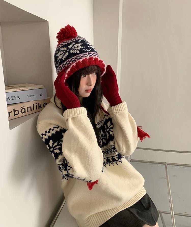 Retro Jacquard Warm Knitted Hat For Women Autumn And Winter Casual Versatile Cold - Proof Ear - Covering Beanie - PratSN