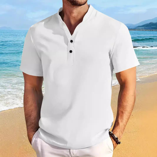 Retro Short Sleeve Stand Collar Casual Henley Shirt Top - PratSN