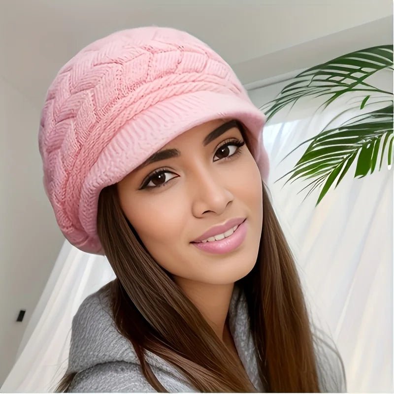 Retro women's winter warm knitted cap, cold weather running, camping, walking fashionable skiing cap with sun hat - PratSN