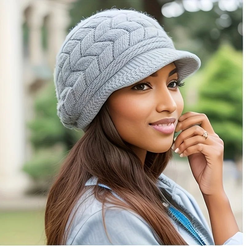 Retro women's winter warm knitted cap, cold weather running, camping, walking fashionable skiing cap with sun hat - PratSN
