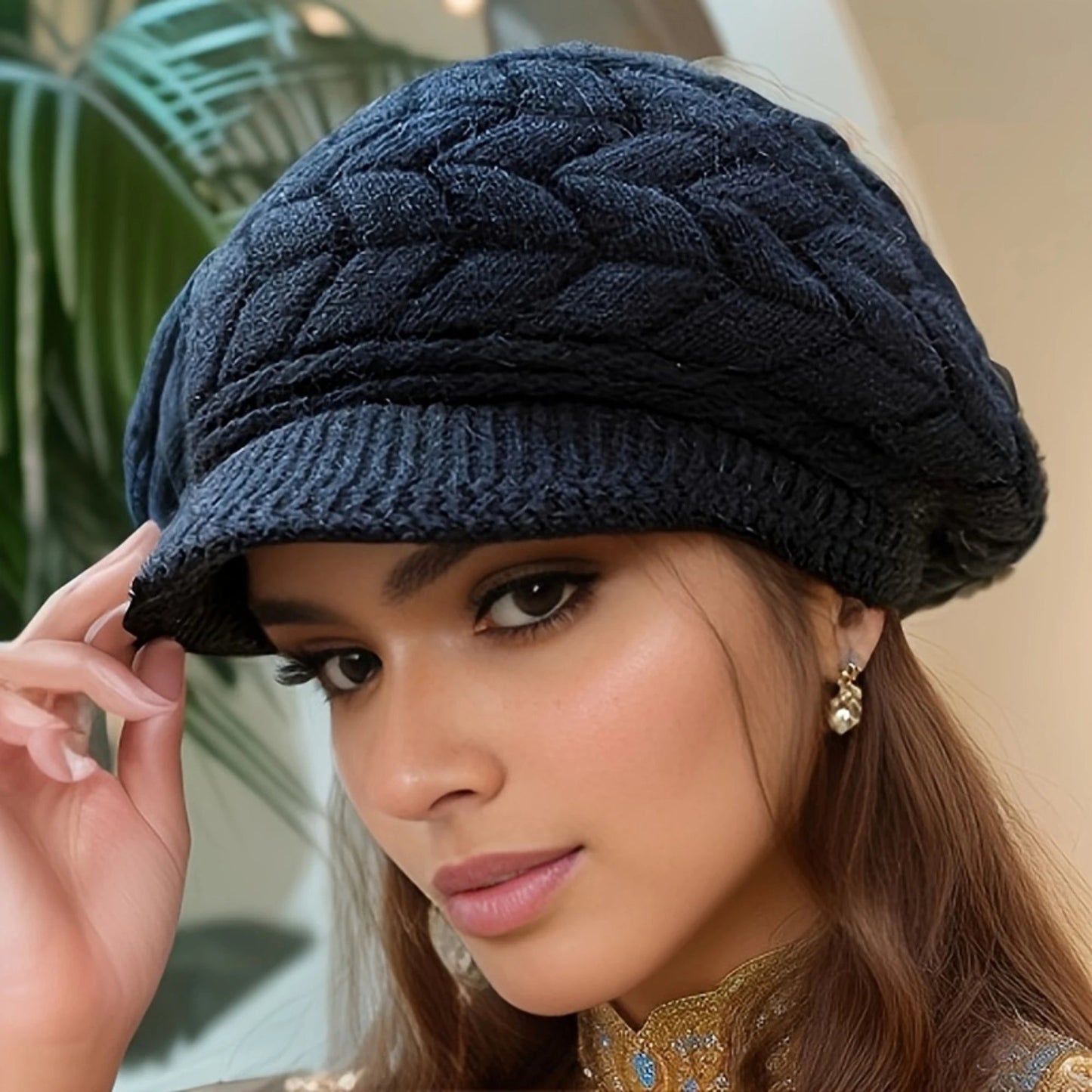 Retro women's winter warm knitted cap, cold weather running, camping, walking fashionable skiing cap with sun hat - PratSN
