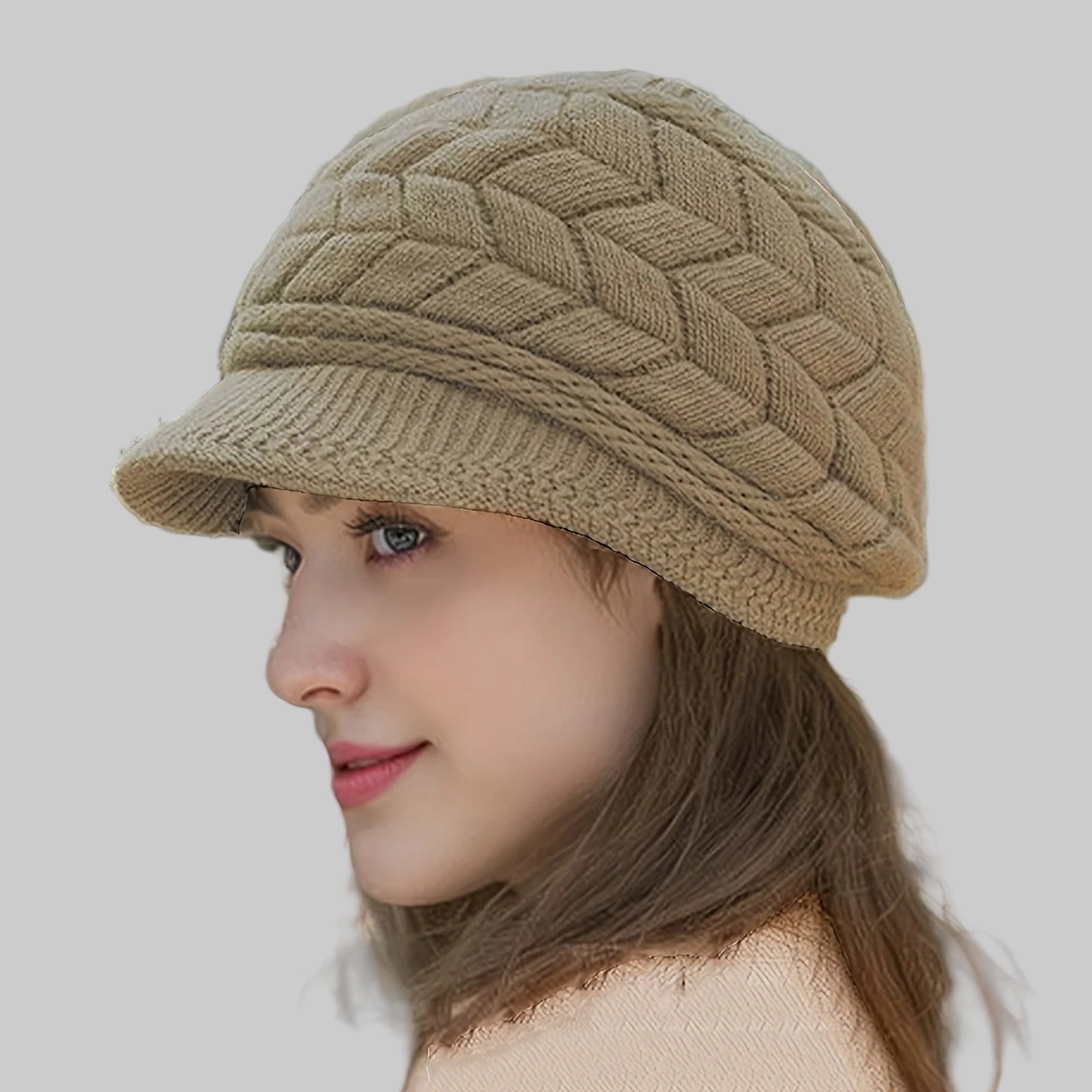 Retro women's winter warm knitted cap, cold weather running, camping, walking fashionable skiing cap with sun hat - PratSN