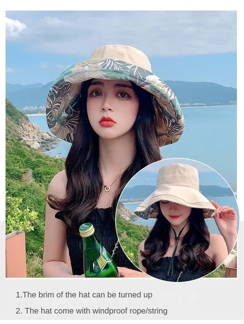 Reversible Foldable Cotton Sun Hat for Women Summer Wide Brim UV Protection Panama Beach Bucket Hat Ladies Girls Outdoor Sea Hat - PratSN