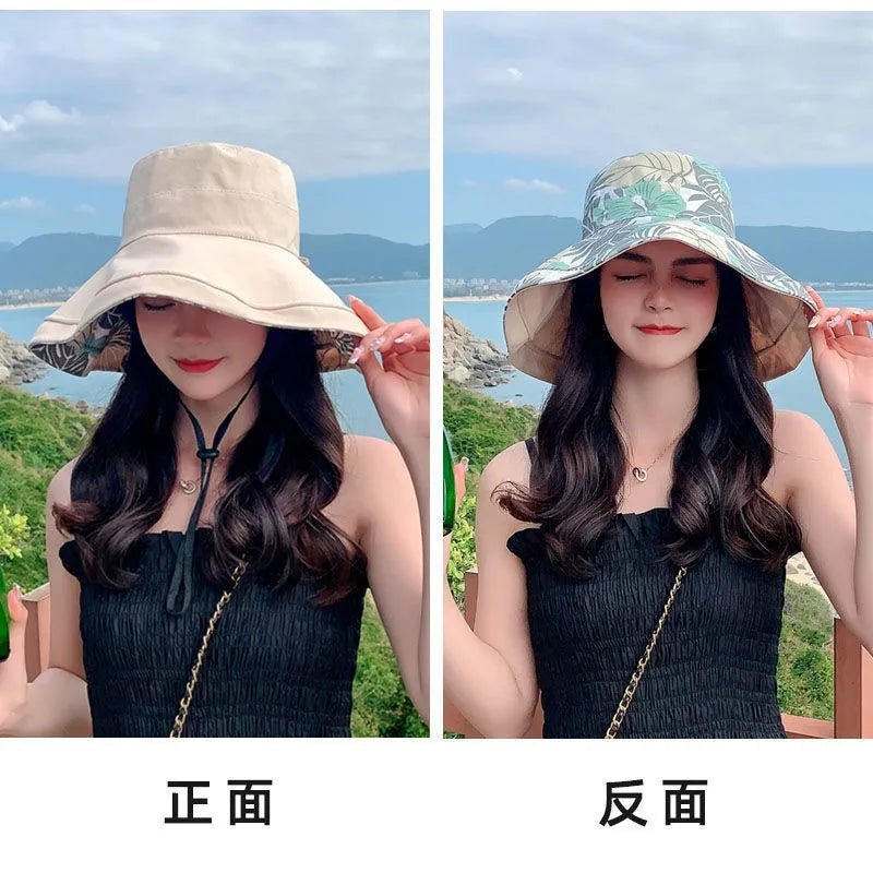 Reversible Foldable Cotton Sun Hat for Women Summer Wide Brim UV Protection Panama Beach Bucket Hat Ladies Girls Outdoor Sea Hat - PratSN